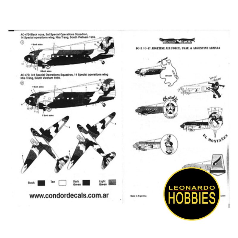 Calcomanías para DC-3/C-47 Fuerza Aérea Argentina, USAF & Armada Argentina Escala 1/144 Condor Decals 144035