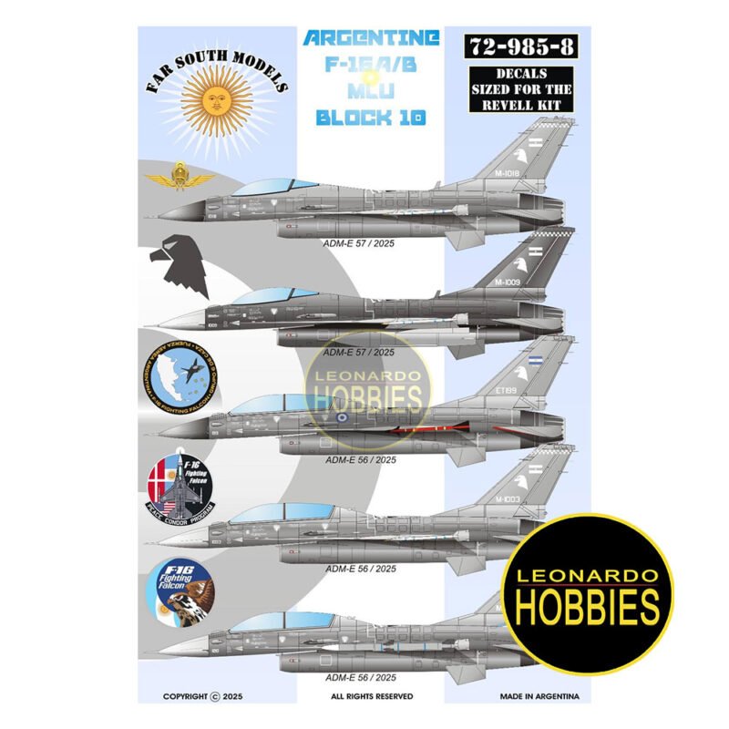 Calcomanías para F-16A/B MLU BLOCK 10/15 Argentino Escala 1/72 Far South Models 72-985-8A